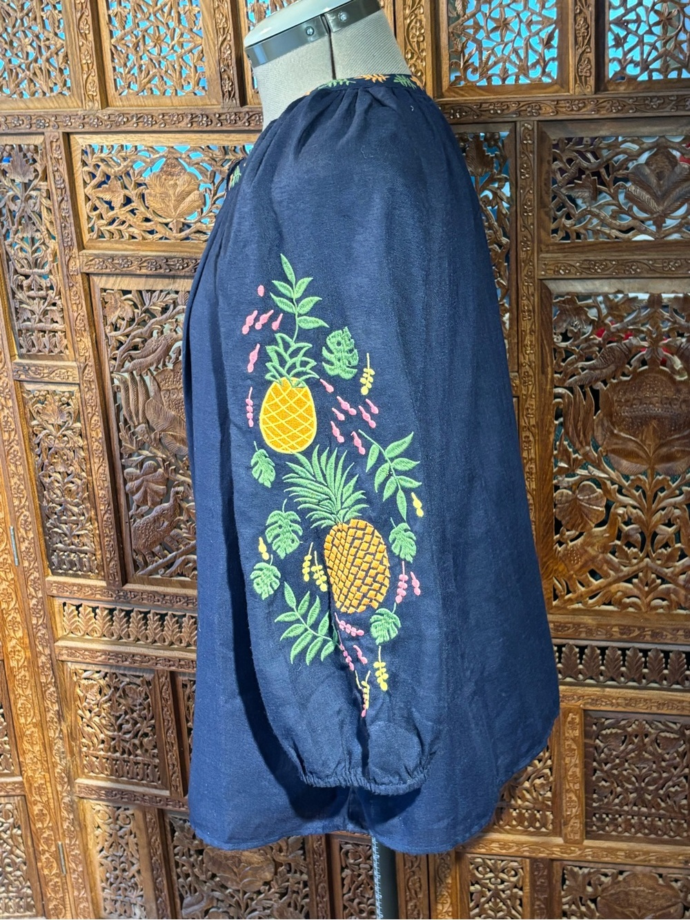 crown & ivy Navy Embroidered Pineapple Peasant Top